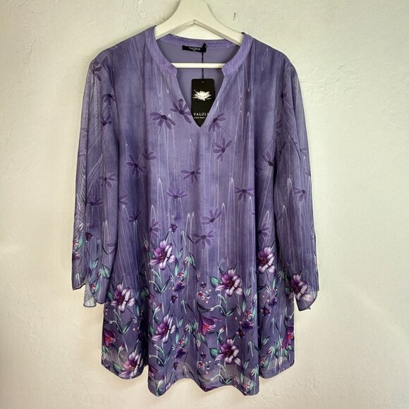 VALOLIA Womens 3/4 Sleeve Floral Tunic Tops 2XL V-Neck Double Layer Purple New - Picture 1 of 9